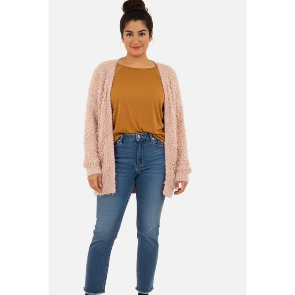denim24/7 Shaggy Fringe Cardigan Sweater Blush Pink‎ Women's M 14/16
